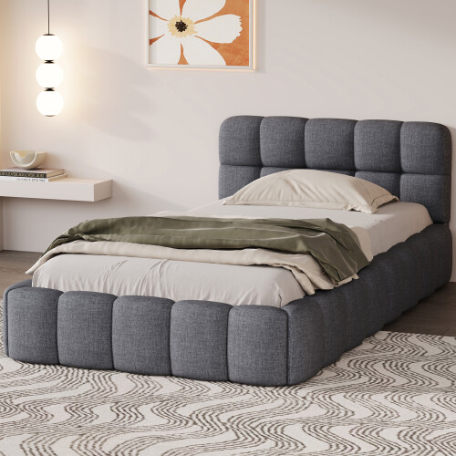 (3ft Single, Gray) Upholstered Bed Frame with Tufted Headboard & Slatted Base, Linen 2