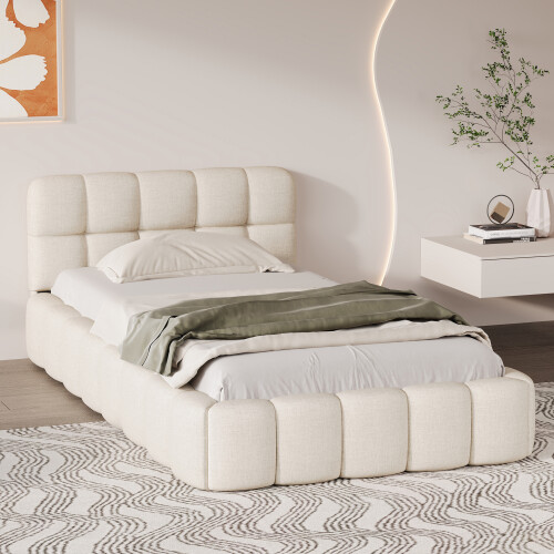 (3ft Single, Beige) Upholstered Bed Frame with Tufted Headboard & Slatted Base, Linen 1