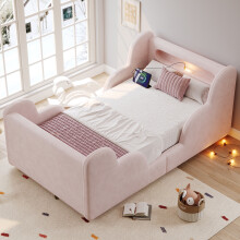 (Pink, Velvet) Roomfitters 90x190cm Single Bed Frame Cloud Headboard LED Nightlight USB C Charging Ports Solid Wood Legs Slats Bedroom Furniture Units