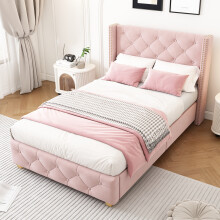 (Pink) Roomfitters 90x190cm Single Bed Frame Button Tufted Headboard Footboard Studded Rivet Trim Wooden Legs Slats Bedroom Suites Furniture Units