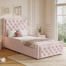 (Pink) Roomfitters 90x190cm Single Bed Frame Hydraulic Ottoman Tufted Headboard Padded Side Rails Inset Base Slats Bedroom Furniture Storage Units