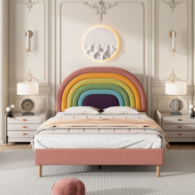 (Double) Roomfitters Upholstered Rainbow Headboard Height Adjustable Frame Slat Base Bedroom Furniture Guest Support No Mattress