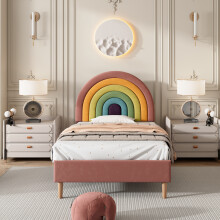 (Single) Roomfitters Upholstered Rainbow Headboard Height Adjustable Frame Slat Base Bedroom Furniture Guest Support No Mattress