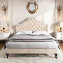 (Beige, Double) Roomfitters Upholstered Button Headboard Height Adjustable Frame Slat Base Bedroom Furniture Guest Support No Mattress