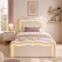 (Cream White) Roomfitters 90x190cm Single Bed Frame Hydraulic Ottoman Wave Headboard App LED Lights Metal Slats Single Bedroom Furniture Units