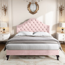 (Pink, Double) Roomfitters Upholstered Button Headboard Height Adjustable Frame Slat Base Bedroom Furniture Guest Support No Mattress
