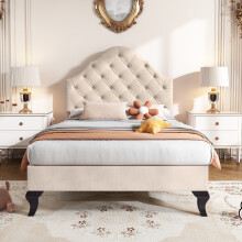 (Beige, Single) Roomfitters Upholstered Button Headboard Height Adjustable Frame Slat Base Bedroom Furniture Guest Support No Mattress