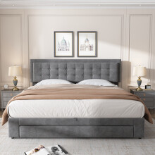 (Grey, King) Roomfitters Ottoman Gas Lift Up Upholstered Frame Adjustable Headboard Wire Mesh Drawer Slat Base Bedroom Furniture