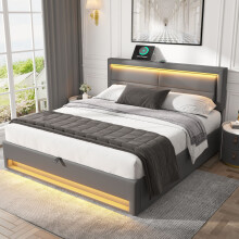 (Gray, Double) Roomfitters Bed Frame Upholstered Wireless Charging Station 12 Colour LED Remote Adjustable Headboard Slats Underbed Storage