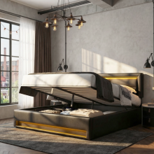 (Black, King) Roomfitters Bed Frame Upholstered Wireless Charging Station 12 Colour LED Remote Adjustable Headboard Slats Underbed Storage