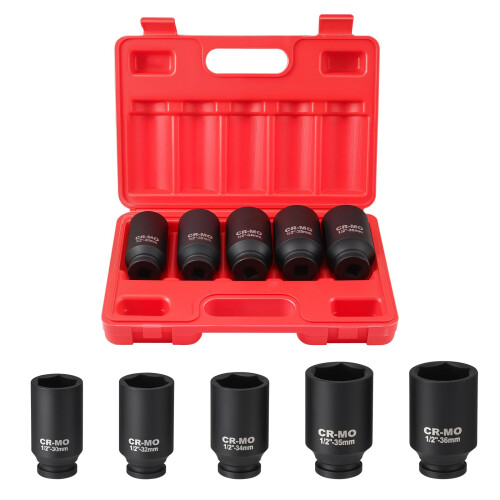 Faankiton 5PCS 1/2" Drive Deep Impact Socket Set, CR-MO Large Socket Set