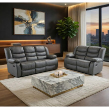 MNS Leather Recliner Sofa with Cupholders - 3+2 Seater Sofa - Grey (Full set 3+2)