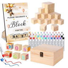 DIY Wooden Blocks Kit for Baby Shower Decor - 50 Pre-Cut Wood Cubes (3.5cm), Easel, Pine Box & 24 Colors Art Pens