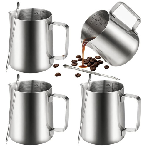 Conjunto com 4 Jarras de 591 Ml para Espumar Leite e 4 Canetas para Latte Art