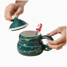 Juego de regalo de Navidad: taza de cerámica con forma de muñeco de nieve y Papá Noel, taza de agua y caja de regalo.