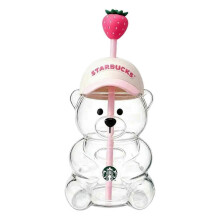 Borosilicaatglazen beker met baseballpetdeksel en herbruikbaar rietje, Strawberry Bear ijskoffiebeker