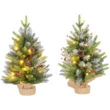 Set of Two 2ft Prelit Christmas Trees with Lights, Berries and Pinecones, Tabletop Decor