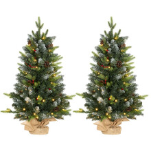 Set of Two 3ft Prelit Christmas Trees with Lights, Berries and Pinecones, Holiday Decor