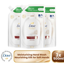 Dove Moisturising Hand Wash Silky Soft Eco-Refill 500ml, Nourishing Silk 3 Pack
