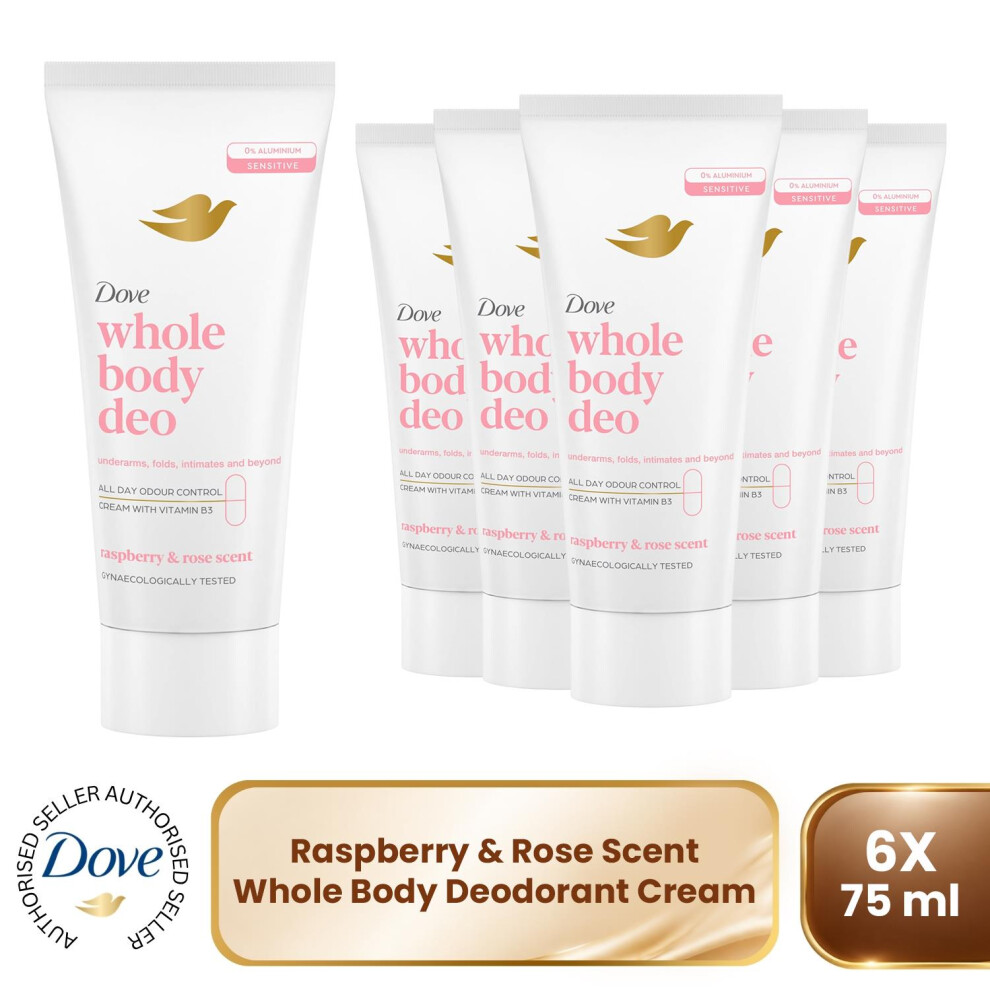Dove Whole Body Odour Protection Deodorant Cream Raspberry & Rose, 6X75ml