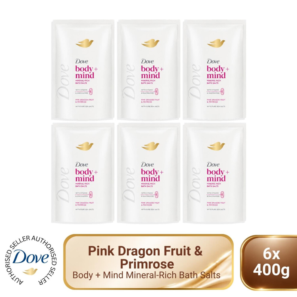 Dove Body + Mind Bath Salts Dragon Fruit & Primrose Mineral Rich Salts 6X400g