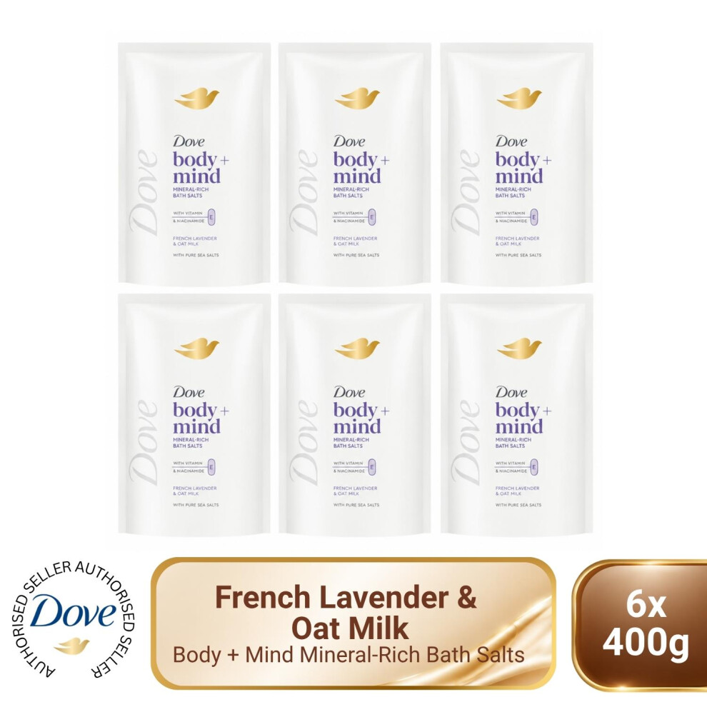 Dove Body+ Mind Bath Salts French Lavender & Oat Milk Mineral Rich Salts 6X400g