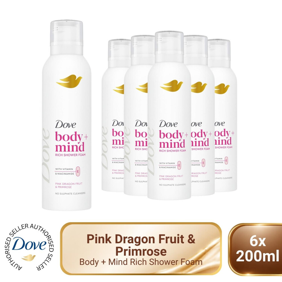 Dove Body + Mind Rich Shower Foam, Dragon Fruit & Primrose 200Ml 6 Pack