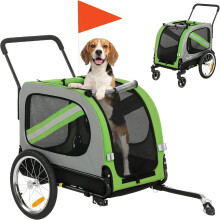 PawHut Reboque de Bicicleta para Cães 2 em 1, 134x62x101 cm, Verde, com Bandeira e Refletor