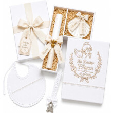Kit de Batismo Personalizado, Vela Artesanal, Pano Bordado, Concha Natural, Babador de Algodão, Conjunto de Presente