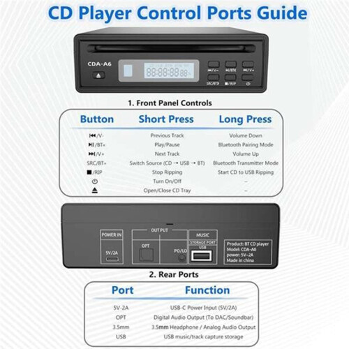 Lettore CD da Tavolo CS43131 con Uscita Coassiale da 3,5 mm per Cuffie, Decoder Ottico e Telecomando. 2