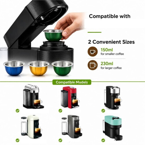 Reusable Coffee Capsule Compatible for Vertuo 150ml/230ml,Refillable Coffee Pod with Lid,Spoon &Brush for Coffee Making 1