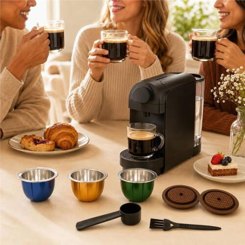 Reusable Coffee Capsule Compatible for Vertuo 150ml/230ml,Refillable Coffee Pod with Lid,Spoon &Brush for Coffee Making 2