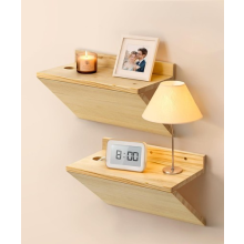 Set of 2 Floating Bedside Tables Z-Shape Wooden Nightstands with Cable Hole