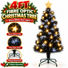 4FT Black Fibre Optic Christmas Tree Pre Lit Warm White LED Stars Xmas Stand UK