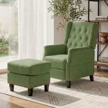 Pushback Wingback Recliner Chair with Footstool, Green Chenille Upholstery