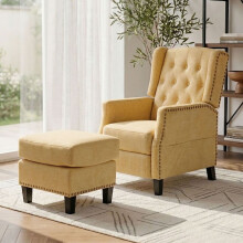 Pushback Wingback Recliner Chair with Footstool, Yellow Chenille Upholstery