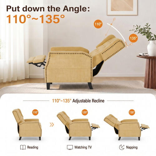 Pushback Wingback Recliner Chair with Footstool, Yellow Chenille Upholstery 2