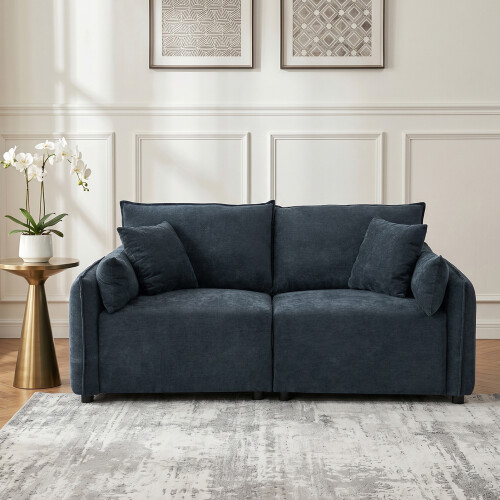 Modern 2-Seater Deep Blue Chenille Sofa with 4 Decor Cushions 1