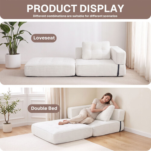 White Corduroy Convertible Floor Sofa Bed, Modular Sleeper Sofa with Tufted Cushion 2