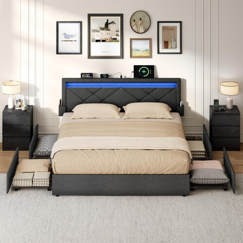 VASAGLE VASAGLE King Size Bed Frame with LED Lights, Underbed Storage Drawers