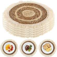 Set of 8 Round Place Mats, 30 cm, Boho Braided Placemats Made of Cattail, Heat Resistant& Non-Slip, Handmade Placemats
