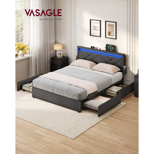 VASAGLE VASAGLE King Size Bed Frame with LED Lights, Underbed Storage Drawers 1