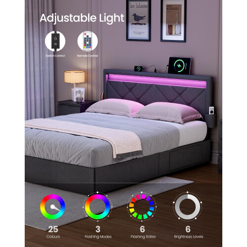 VASAGLE VASAGLE King Size Bed Frame with LED Lights, Underbed Storage Drawers 2