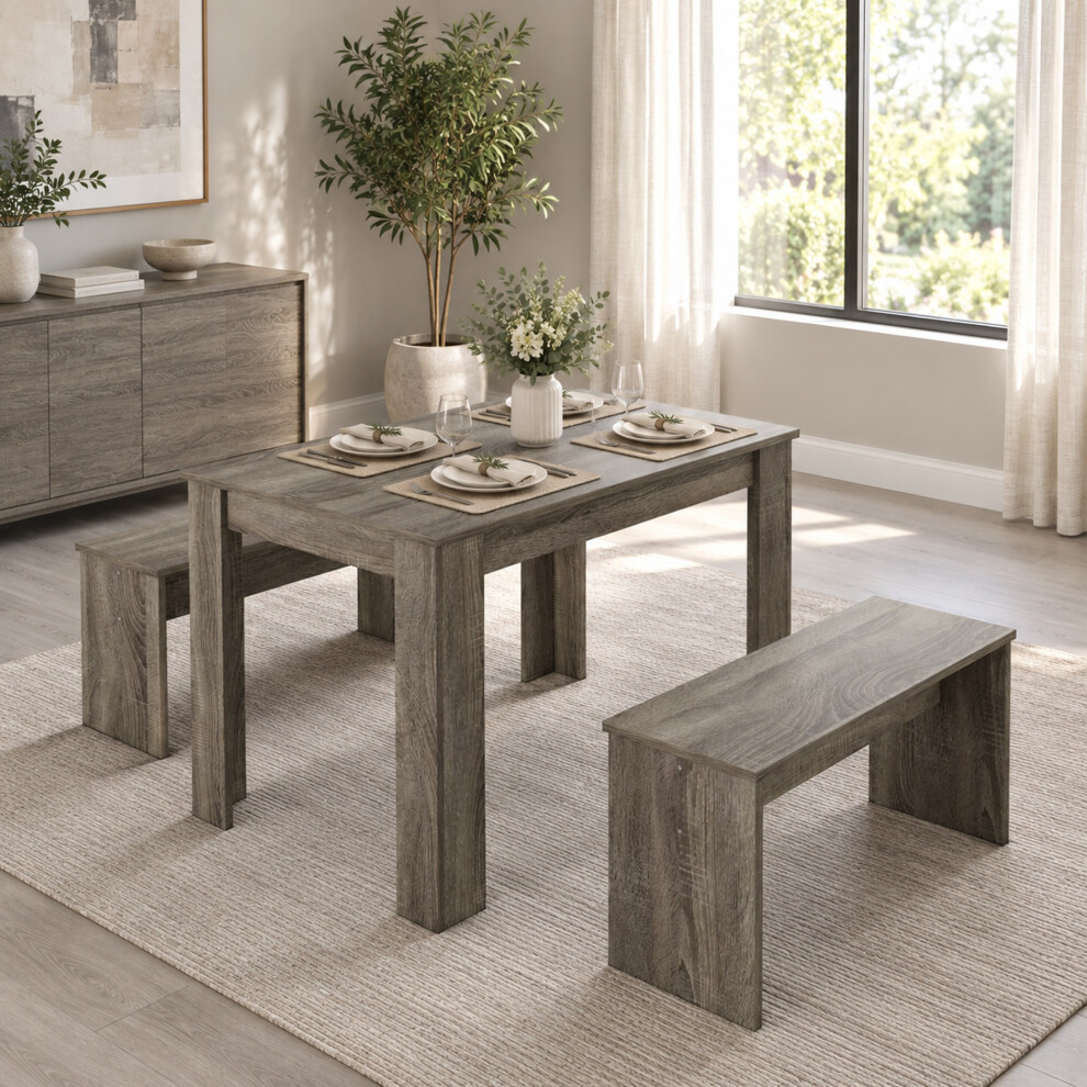Homcom Unisex Grey 3 Pcs Modern Dining Table Set W/ Table 2 Bench Seats Compact Kitchen In - Image 2
