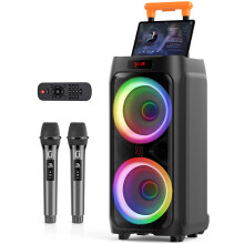Karaoke-kone, 2 kappaleen setti langattomia mikrofonia, 24 tuuman kannettava Bluetooth-kaiutin, RGB-valo, 5500 mAh akku