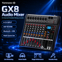 Yamnweo GX8, 8-Kanal Mischpult, Bluetooth, USB MP3-Aufnahme, 3-Band-EQ, DSP Reverb, 48V Phantomspeisung