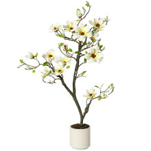 Künstlicher Magnolienbaum, 4FT, mit weißen Blüten und grünen Blättern, in weißem Topf