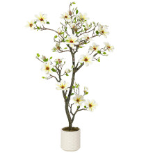 Künstlicher Magnolienbaum, 5FT, mit weißen Blüten und grünen Blättern, verstellbare Äste, weißer Topf