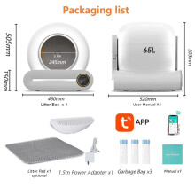 Caja de arena automática autolimpiable para gatos, 65 L, control por app y WiFi, con tapete y 3 bolsas de basura