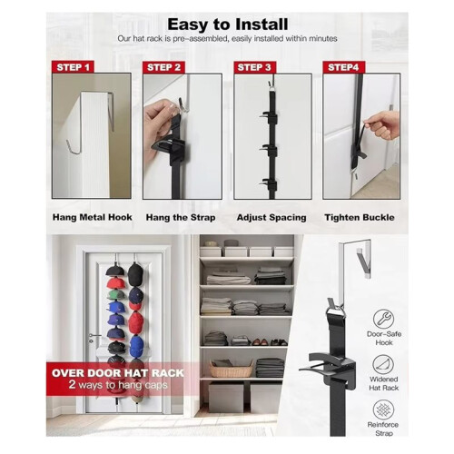 Dual-Direction Hanging Cap Rack Organizer - Wall Mounted Hat Holder Display Stand for Baseball Caps, Beanies 2